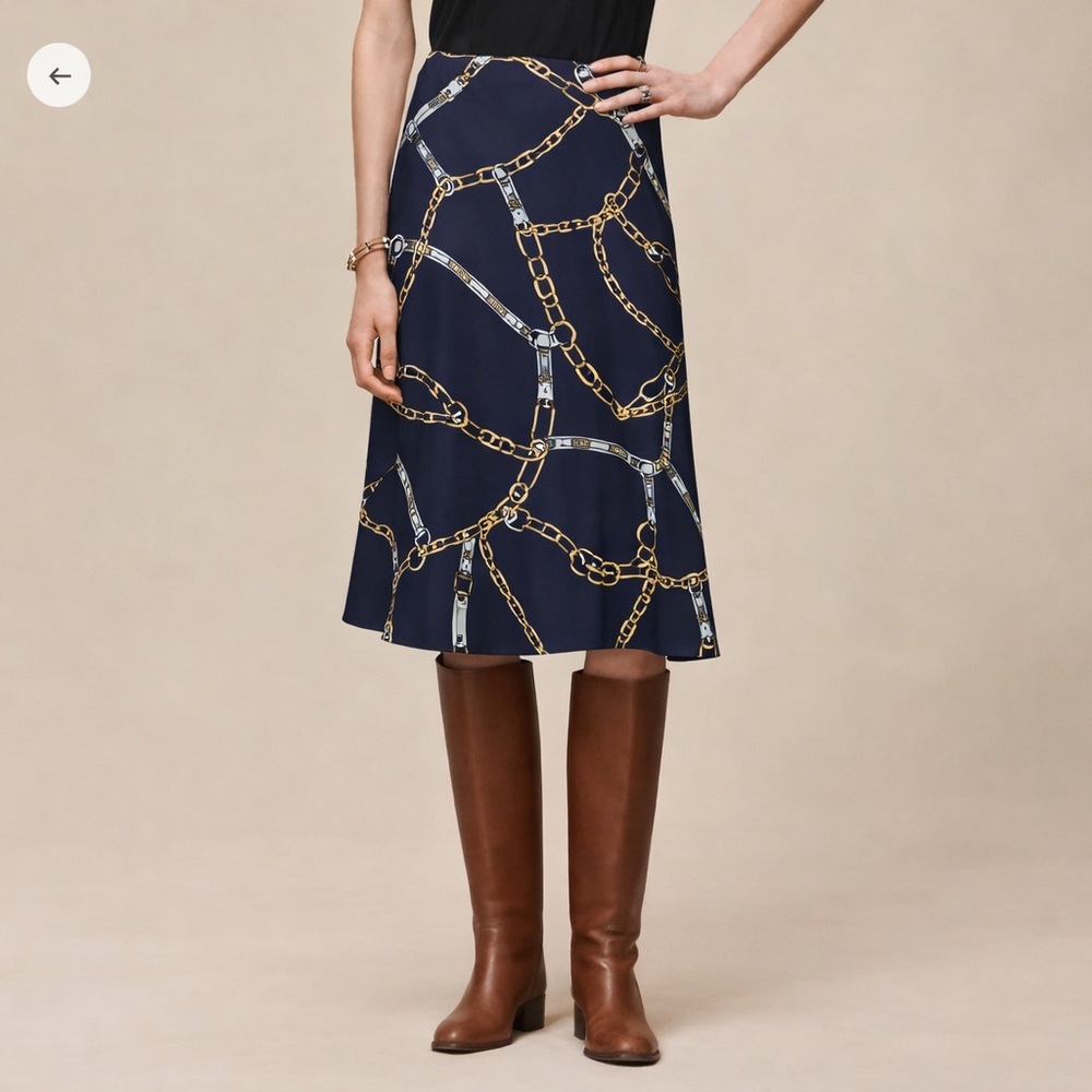 Banana Republic Navy Equestrian Chain Print Midi Skirt (Hermès Inspired) Size 8